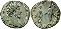 Roman Imperial Marcus Aurelius, 161-180. Sestertius (Orichalcum, 31 mm, 25.77 g, 12 h), Rome, 162. IMP CAES M AVREL ANTONINVS AVG P M Laureate head of Marcus Aurelius to right, with slight drapery ove