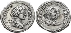 Roman Imperial Caracalla, with Septimius Severus and Julia Domna, 198-217. Denarius (Silver, 20 mm, 3.48 g, 7 h), Rome, 201. ANTONINVS PIVS AVG Laureate and draped bust of Caracalla to right, seen fro