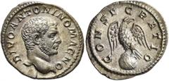 Roman Imperial Divus Caracalla, died 217. Denarius (Silver, 20 mm, 2.78 g, 6 h), struck under Elagabalus, Rome, 218-219. DIVO ANTONINO MAGNO Bare head of Divus Caracalla to right. Rev. CONSECRATIO Eag