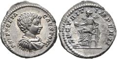 Roman Imperial Geta, as Caesar, 198-209. Denarius (Silver, 19 mm, 3.66 g, 12 h), Rome, 199. P SEPT GETA CAES PONT Bare-headed, draped and cuirassed bust of Geta to right. Rev. SECVRIT IMPERII Securita