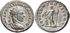 Roman Imperial Macrinus, 217-218. Antoninianus (Silver, 23 mm, 5.19 g, 11 h), Rome, spring-summer 217. IMP C M OPEL SEV MACRINVS AVG Radiate and draped bust of Macrinus to right, seen from behind. Rev
