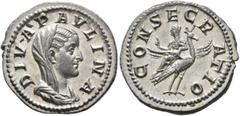 Roman Imperial Diva Paulina, died before 235. Denarius (Silver, 20 mm, 3.21 g, 12 h), Rome, 236-238. DIVA PAVLINA Veiled and draped bust of Diva Paulina to right. Rev. CONSECRATIO Diva Paulina, raisin