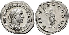 Roman Imperial Gordian I, 238. Denarius (Silver, 21 mm, 3.09 g, 12 h), Rome, March-April 238. IMP M ANT GORDIANVS AFR AVG Laureate, draped and cuirassed bust of Gordian I to right, seen from behind. R