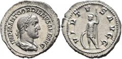 Roman Imperial Gordian II, 238. Denarius (Silver, 21 mm, 3.52 g, 12 h), Rome, March-April 238. IMP M ANT GORDIANVS AFR AVG Laureate, draped and cuirassed bust of Gordian II to right, seen from behind.