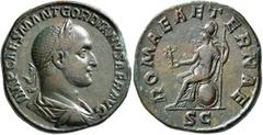 Roman Imperial Gordian II, 238. Sestertius (Orichalcum, 29 mm, 18.00 g, 12 h), Rome, March-April 238. IMP CAES M ANT GORDIANVS AFR AVG Laureate, draped and cuirassed bust of Gordian II to right, seen 