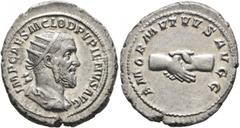 Roman Imperial Pupienus, 238. Antoninianus (Silver, 24 mm, 5.25 g, 11 h), Rome, circa April-June 238. IMP CAES M CLOD PVPIENVS AVG Radiate, draped and cuirassed bust of Pupienus to right, seen from be
