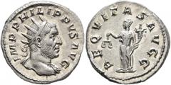 Roman Imperial Philip I, 244-249. Antoninianus (Silver, 21 mm, 4.59 g, 7 h), Rome, 247-248. IMP PHILIPPVS AVG Radiate bust of Philip I to right, with slight drapery on his left shoulder. Rev. AEQVITAS