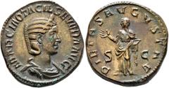 Roman Imperial Otacilia Severa, Augusta, 244-249. Sestertius (Orichalcum, 29 mm, 18.36 g, 6 h), Rome, 248. MARCIA OTACIL SEVERA AVG Diademed and draped bust of Otacilia Severa to right. Rev. PIETAS AV