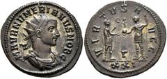 Roman Imperial Numerian, as Caesar, 282-283. Antoninianus (Silvered bronze, 21 mm, 3.75 g, 12 h), Siscia, 283. M AVR NVMERIANVS NOB C Radiate, draped and cuirassed bust of Numerian to right. Rev. VIRT