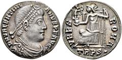Roman Imperial Valentinian I, 364-375. Siliqua (Silver, 17 mm, 1.67 g, 12 h), Treveri, 367-375. D N VALENTINI-ANVS P F AVG Pearl-diademed, draped and cuirassed bust of Valentinian I to right. Rev. VRB