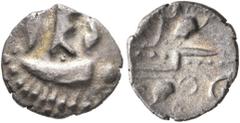 Celtic BRITAIN. Durotriges. Uninscribed, circa 65 BC-AD 45. Unit (Silver, 12 mm, 0.79 g), Second Geometric type. Three men standing right in a boat with stylized waves below. Rev. Geometric design. AB