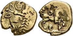 Celtic BRITAIN. Trinovantes & Catuvellauni. Uninscribed, circa 100-40 BC. Stater (Gold, 17 mm, 5.81 g, 6 h), Waddon Chase type. Devolved laureate head of Apollo to right, with two 'wings' above the la