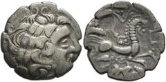 Celtic NORTHWEST GAUL. Aulerci Diablintes. Circa 100-50 BC. Stater (Billon, 22 mm, 6.13 g, 5 h), 'à la situle' type. Celticized laureate head of Apollo to right, the hair in long curls with a strand f