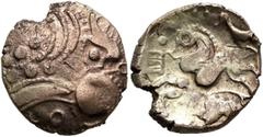 Celtic NORTHWEST GAUL. Aulerci Eburovices. Late 2nd to first half of 1st century BC. Stater (Electrum, 17 mm, 3.00 g, 9 h), 'au sanglier' type. Celticized male head to right, with a boar standing left