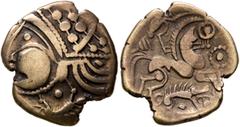 Celtic NORTHWEST GAUL. Aulerci Eburovices. 2nd to early 1st century BC. Half Stater (Electrum, 17 mm, 2.90 g, 12 h), 'au sanglier' type. Celticized male head to left, with a boar standing left at his 