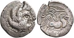 Celtic NORTHWEST GAUL. Coriosolites. Circa 100-50 BC. Stater (Billon, 23 mm, 7.00 g, 1 h), 'au nez pointé' type. Celticized male head to right, the hair in in large spiral curls and with an S-shaped e