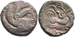 Celtic NORTHWEST GAUL. Coriosolites. Circa 100-50 BC. Stater (Billon, 18 mm, 6.24 g, 8 h), 'au nez pointé' type. Celticized male head to right, the hair in in large spiral curls and with an S-shaped e