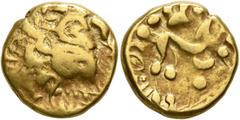 Celtic NORTHEAST GAUL. Ambiani. Late 2nd to mid 1st century BC. Stater (Gold, 15 mm, 6.40 g, 12 h), 'statère biface au flan court' type. Celticized laureate head of Apollo to right. Rev. Celticized ho