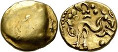 Celtic NORTHEAST GAUL. Ambiani. Circa 60-30 BC. Stater (Gold, 18 mm, 6.28 g), 'statère uniface' type. Blank convex surface. Rev. Celticized horse galloping to right, horseman transformed into fibula-l