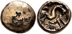 Celtic NORTHEAST GAUL. Ambiani. Circa 60-30 BC. Half Stater (Subaeratus, 14 mm, 3.83 g), a contemporary plated imitation. Blank convex surface. Rev. Celticized horse galloping to right, horseman trans