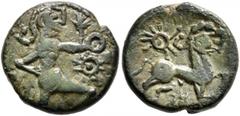 Celtic NORTHEAST GAUL. Bellovaci. Circa 60-30/25 BC. AE (Billon, 16 mm, 3.33 g, 4 h). Celticized figure running right; to right, annulet above spiral-armed sun. Rev. Man-headed celticized horse gallop