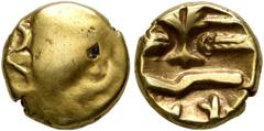 Celtic NORTHEAST GAUL. Morini. 58-50 BC. Quarter Stater (Gold, 9 mm, 1.42 g), 'à l'arbre et à la ligne brisée'. Traces of a head to right. Rev. Tree; to left and right, crescents and horizontal bars; 