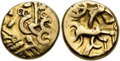 Celtic NORTHEAST GAUL. Nervii. Late 2nd to mid 1st centuries BC. Stater (Gold, 16 mm, 5.92 g, 11 h), 'à l'epsilon' type. Devolved and disjointed laureate male head to right. Rev. Celticized horse gall