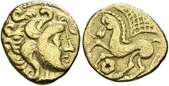 Celtic NORTHEAST GAUL. Parisii. Mid 1st century BC. Quarter Stater (Gold, 14 mm, 1.69 g, 3 h). Celticized head to right. Rev. Celticized horse to left; above, fan-like checker-board design; below, ros