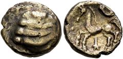 Celtic NORTHEAST GAUL. Remi (?). Late 2nd-mid 1st century BC. Quarter Stater (Electrum, 12 mm, 1.28 g). Stylized head. Rev. Horse springing left; below, star. DT 185. Very fine. From the Joachim Schlü