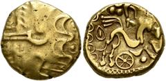 Celtic NORTHEAST GAUL. Suessiones. Late 2nd to mid 1st century BC. Stater (Gold, 17 mm, 6.19 g, 4 h), 'à l'oeil' type. Devolved laureate head of Apollo to right. Rev. Celticized horse galloping to rig