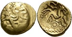 Celtic NORTHEAST GAUL. Suessiones. Late 2nd-mid 1st century BC. Stater (Gold, 20 mm, 6.07 g, 12 h), 'à l'ancre type'. Devolved laureate head of Apollo to right. Rev. Celticized horse galloping right, 