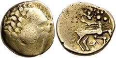 Celtic CENTRAL GAUL. Aedui (?). 2nd century BC. Quarter Stater (Gold, 13 mm, 1.76 g, 10 h). Celticized laureate head of Apollo to right. Rev. Celticized charioteer driving biga to right; below, triske
