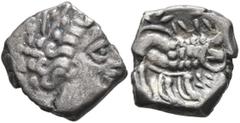 Celtic SOUTHERN GAUL. Insubres. Late 2nd-early 1st century BC. Drachm (Silver, 14 mm, 2.09 g, 12 h), imitating Massalia. Female head to right, wearing triple-pendant earring and necklace. Rev. MAΣΣA L