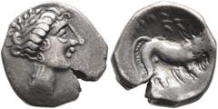Celtic SOUTHERN GAUL. Insubres. Late 2nd-early 1st century BC. Drachm (Silver, 14 mm, 2.79 g, 1 h), imitating Massalia. Female head to right, wearing triple-pendant earring and necklace. Rev. MAΣΣA Li