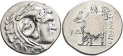 Greek KINGS OF MACEDON. Alexander III ‘the Great’, 336-323 BC. Tetradrachm (Silver, 33 mm, 16.80 g, 1 h), Perge, circa 221-189. Head of Herakles to right, wearing lion skin headdress; on ear, counterm