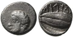 Greek LYDIA. Uncertain. Ifes, Lydian usurper, circa 450/425-400 BC. Hemiobol (Silver, 8 mm, 0.43 g, 10 h). Youthful male head to left. Rev. 𐤦𐤱𐤤𐤩𐤦𐤪 ('ifelim' in Lydian) Grain of wheat. CNG E-Auct