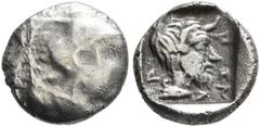 Greek DYNASTS OF LYCIA. Uncertain dynast, 5th century BC. Obol (Silver, 8 mm, 0.51 g, 2 h). Female head to right within linear square. Rev. [...]𐊄[...]𐊄𐊀 (?) ('...g...ga' (?) in Lycian) Bearded mal