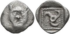 Greek DYNASTS OF LYCIA. Uncertain dynast, 5th-4th centuries BC. Obol (Silver, 9 mm, 0.55 g). Facing male head. Rev. 𐊜𐊁 (?) ('xe' in Lycian) Triskeles within dotted square within incuse square. BMC -