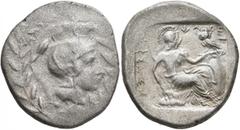 Greek DYNASTS OF LYCIA. Kheriga, circa 450-440/30 BC. Stater (Silver, 23 mm, 8.25 g, 1 h), Xanthos. Head of Athena to right, wearing crested Attic helmet, within laurel wreath. Rev. 𐊜𐊁𐊕𐊆𐊄𐊀 𐊀𐊕�