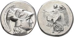 Greek PAMPHYLIA. Side. Circa 205-100 BC. Tetradrachm (Silver, 29 mm, 16.86 g, 12 h), Dem..., magistrate. Head of Athena to right, wearing crested Corinthian helmet; on helmet, countermark: bow in bowc