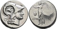 Greek PAMPHYLIA. Side. Circa 205-100 BC. Tetradrachm (Silver, 30 mm, 16.72 g, 12 h), Diod..., magistrate. Head of Athena to right, wearing crested Corinthian helmet; on helmet, countermark: bow in bow