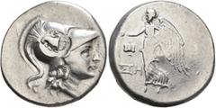 Greek PAMPHYLIA. Side. Circa 205-100 BC. Tetradrachm (Silver, 30 mm, 16.71 g, 12 h), Ste..., magistrate. Head of Athena to right, wearing crested Corinthian helmet; on helmet, countermark: bow in bowc