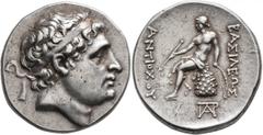 Greek SELEUKID KINGS OF SYRIA. Antiochos Hierax, circa 242-227 BC. Tetradrachm (Silver, 30 mm, 17.15 g, 11 h), Lampsakos. Diademed head of Antiochos I to right. Rev. BAΣIΛEΩΣ - ANTIOXOY Apollo seated 