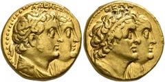 Greek PTOLEMAIC KINGS OF EGYPT. Ptolemy II Philadelphos, with Arsinöe II, Ptolemy I, and Berenike I, 285-246 BC. Half Mnaieion or Tetradrachm (Gold, 19 mm, 13.90 g, 12 h), Alexandria, circa 272-261/0.