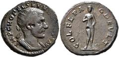 Roman Provincial THRACE. Deultum. Macrinus, 217-218. AE (Bronze, 24 mm, 7.93 g, 7 h). IMP C M OPEL SEV MACRINVS AV Radiate and cuirassed bust of Macrinus to right. Rev. COL FL PAC DEVLT Aphrodite, nud