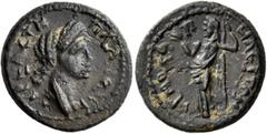 Roman Provincial LYDIA. Hermocapelia. Plotina, Augusta, 105-123. Assarion (Bronze, 21 mm, 6.14 g, 6 h). ΠΛΩΤЄΙΝΑ ϹЄΒΑϹΤΗ Draped bust of Plotina to right. Rev. ЄPMOKAΠHΛЄITΩN Demeter standing front, he