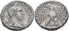 Roman Provincial PHOENICIA. Aradus. Macrinus, 217-218. Tetradrachm (Billon, 25 mm, 13.51 g, 7 h). [•A]•K•M•ΟΠ•CЄ•MAKPINOC Laureate head of Macrinus to right, with slight drapery on his left shoulder. 