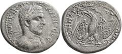 Roman Provincial PHOENICIA. Byblus. Macrinus, 217-218. Tetradrachm (Billon, 27 mm, 13.01 g, 12 h). ΑΥΤΟΚ Μ ΟΠ C[Є] ΜΑΚΡΙΝΟC CЄ Laureate, draped and cuirassed bust of Macrinus to right. Rev. ΔHMAΡX•ЄΞ 