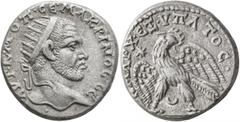 Roman Provincial MESOPOTAMIA. Carrhae. Macrinus, 217-218. Tetradrachm (Billon, 24 mm, 13.18 g, 7 h). AYT•K•M•OΠ•CЄ•MAKPINOC•CЄ Radiate head of Macrinus to right; below, two pellets. Rev. •ΔHMAPX•ЄΞ•YΠ