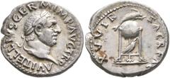 Roman Imperial Vitellius, 69. Denarius (Silver, 19 mm, 3.26 g, 6 h), Rome, late April-20 December 69. A VITELLIVS GERM IMP AVG TR P Laureate head of Vitellius to right. Rev. XV VIR SACR FAC Tripod wit